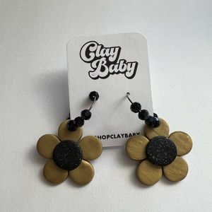 Handmade Black Metallic Gold Beaded Daisy Hoop Statement Earrings Approx 2”